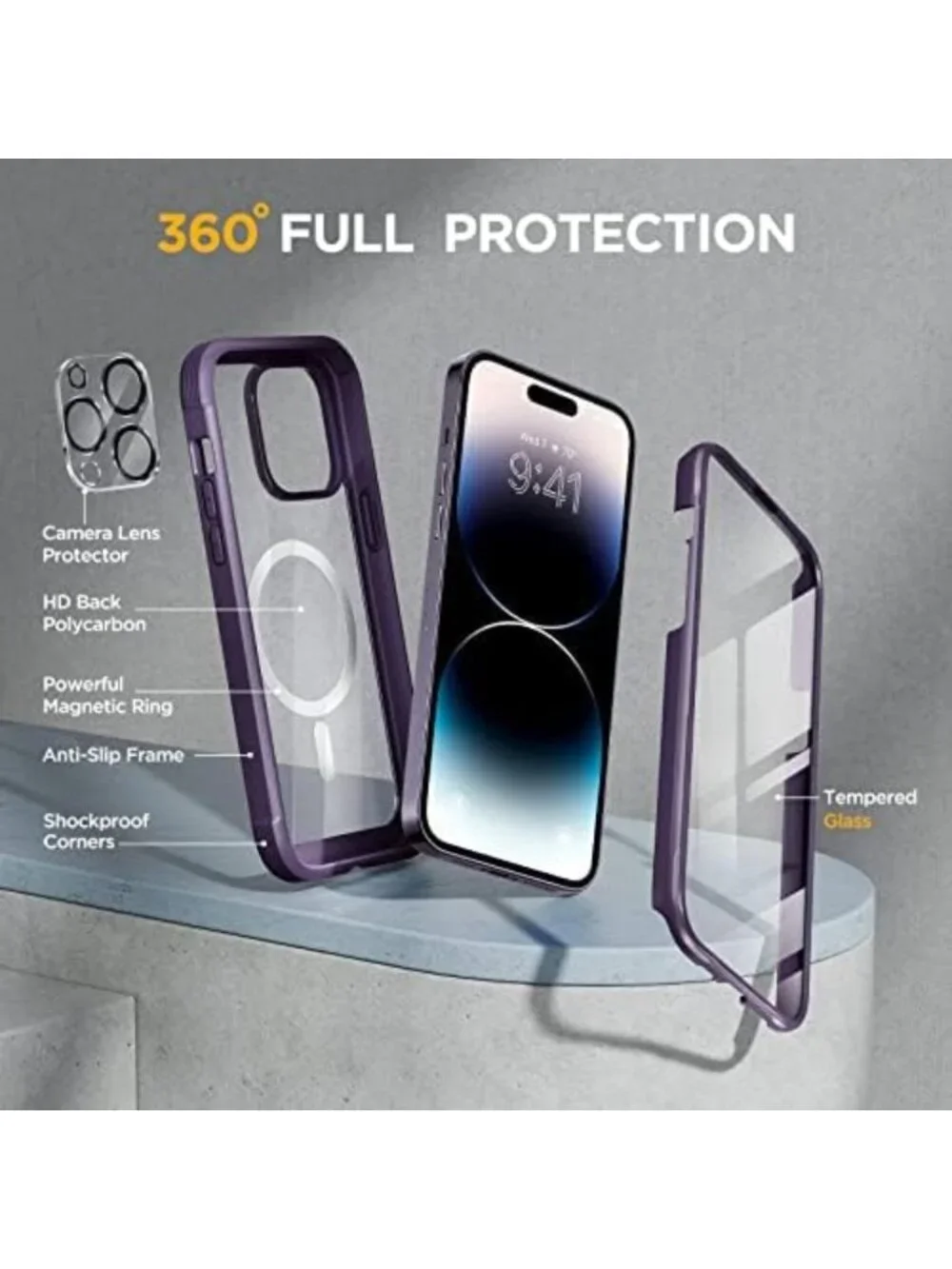 Magnetic Purple iPhone 14 Pro Max Case with 9H Tempered Glass & MagSafe